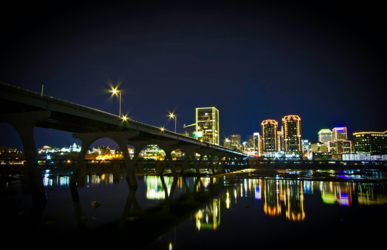 richmond skyline at night with reflections