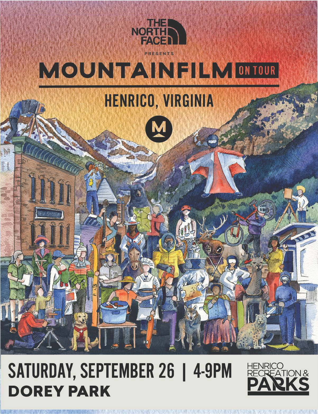 Colorful poster for MountainFilm on Tour in Henrico, Virginia, showing a crowd against a mountain backdrop.