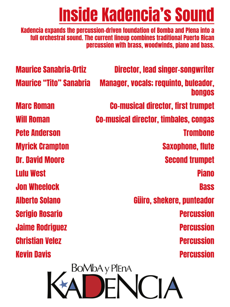 Kadencia Orchestra Lineup - The Cultural Current Poster titled Inside Kadencia's Sound announcing Kadencia's percussion-based lineup with names on left and right columns and bold red type. BoMba y Plena logo at bottom. (Informative: identifies it's a band roster poster)